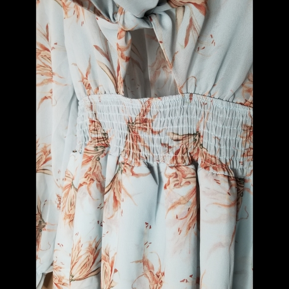 Blue floral chiffon long sleeve smocked waist tie bust tiered ruffle mini dress - Picture 5 of 8